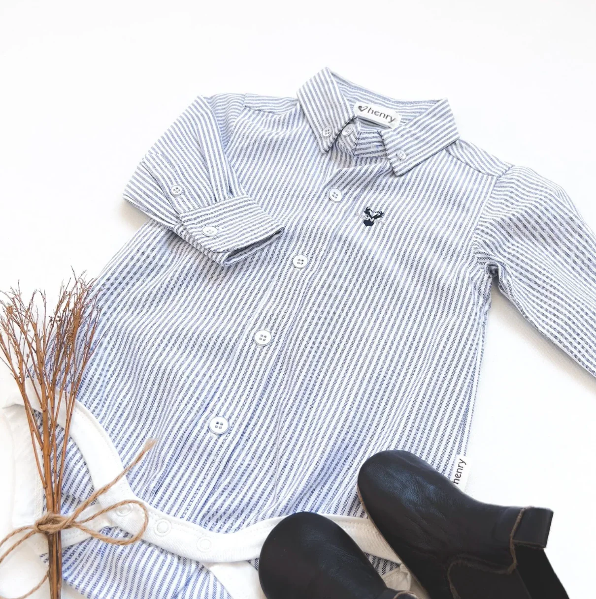 Baby Boys Dress Shirt Romper - Navy Pinstripe - Image 4