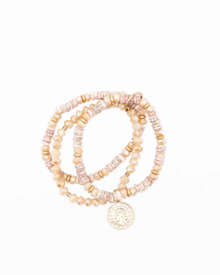Bracelet - Peach MoonstoneBeads with Gold Coin
