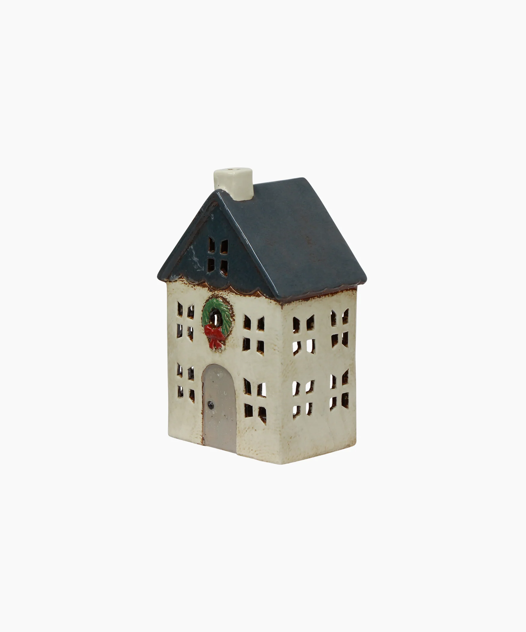 Chistmas Tea Light House Blue with Wreath Small - Image 3