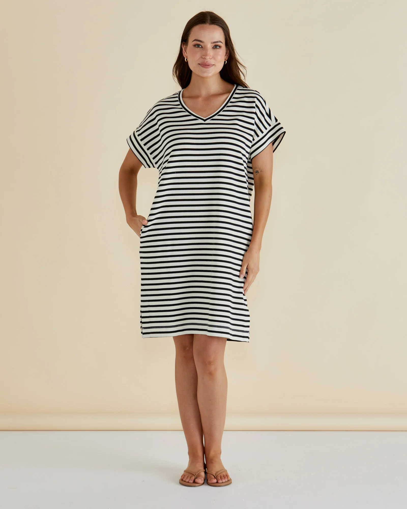 Elise V-Neck Rib Dress - White/Black Stripe - Image 2