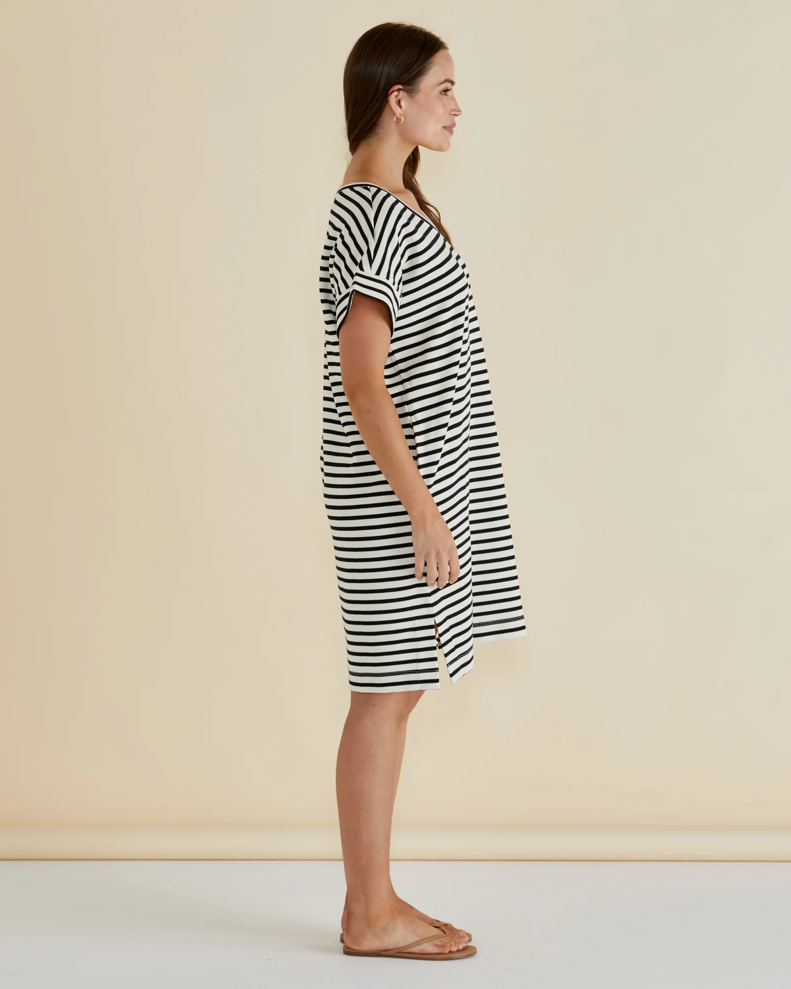 Elise V-Neck Rib Dress - White/Black Stripe - Image 3