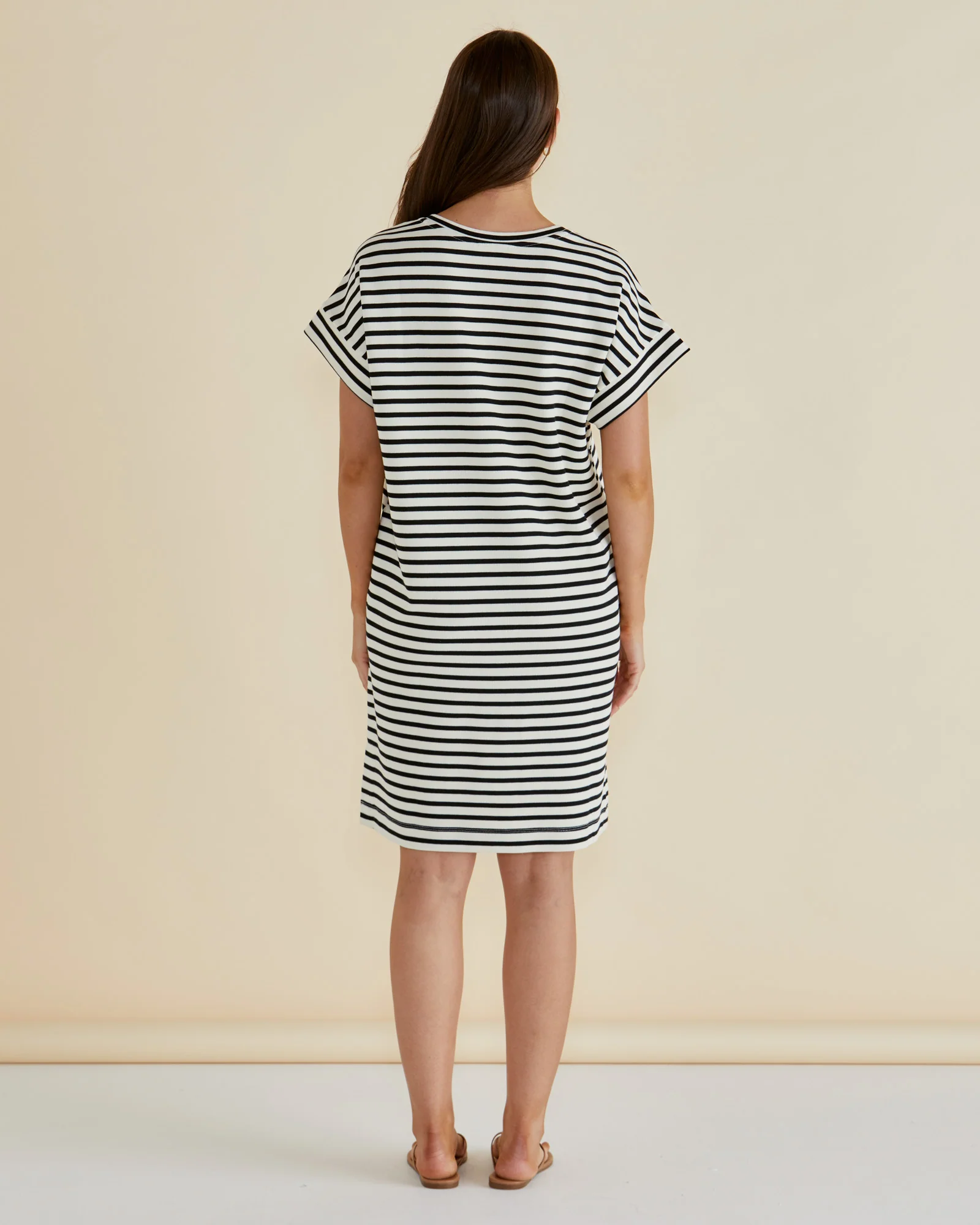 Elise V-Neck Rib Dress - White/Black Stripe - Image 4