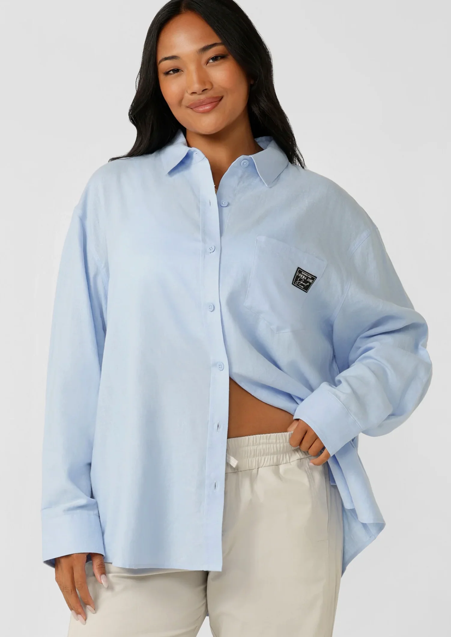 Everline Long Sleeve Linen Shirt - Oxford Blue - Image 3