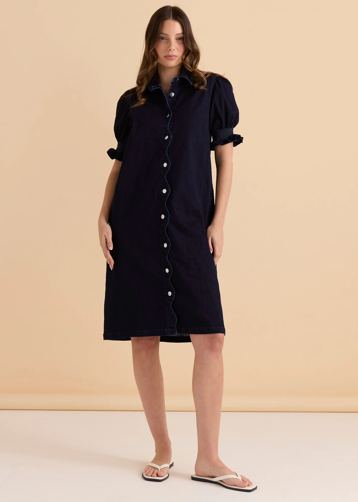 Scallop Denim Dress - Indigo Blue - Image 2
