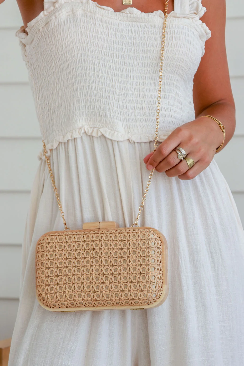 Timber Frame Woven Clutch Bag - Tan