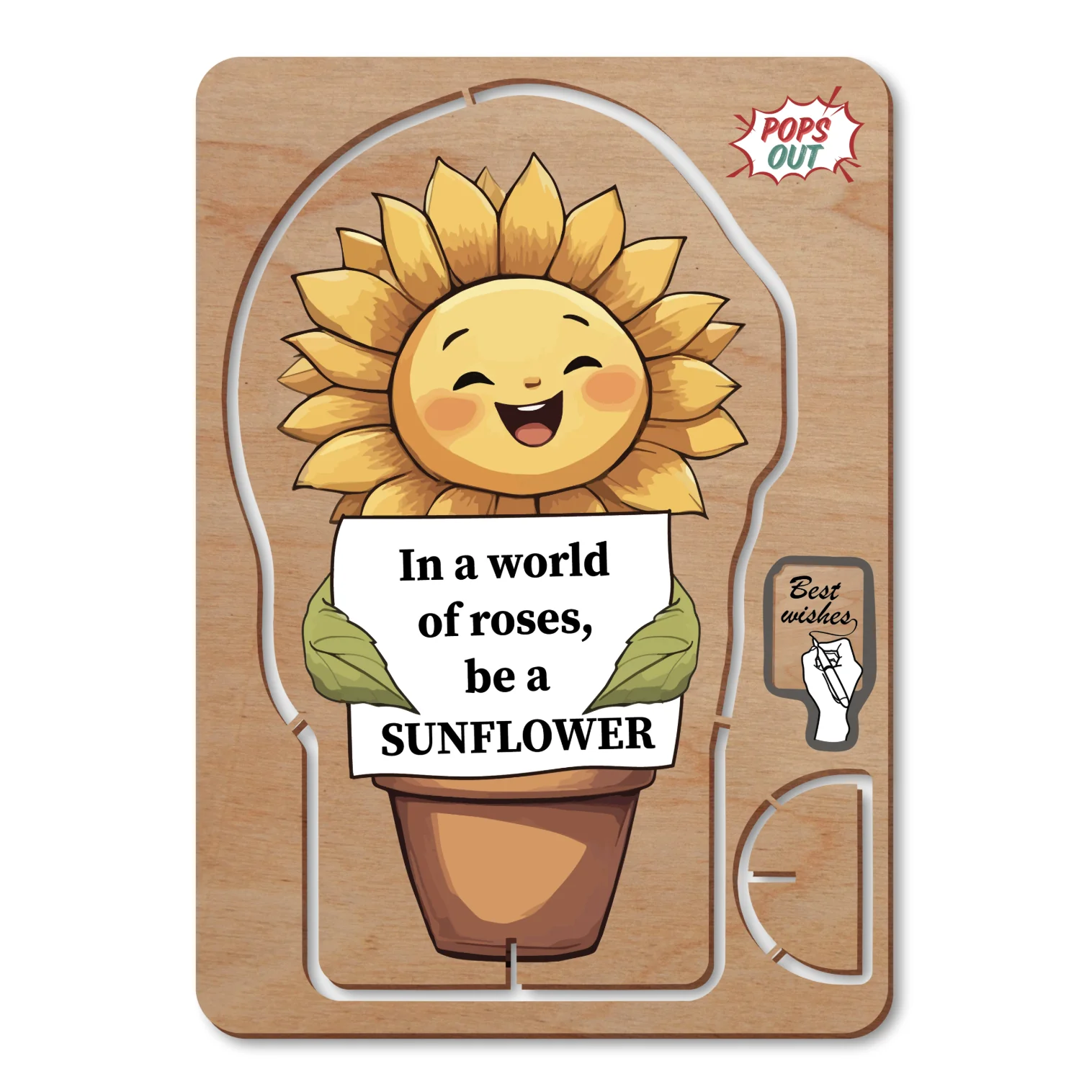Wooden Greeting Card - Tiny Emotional Support Sunflower
